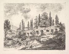 View of the entrance to Tivoli and the walls of the Villa d'Este, horsemen approac..., 18th century. Creator: Jean Claude Richard Saint-Non