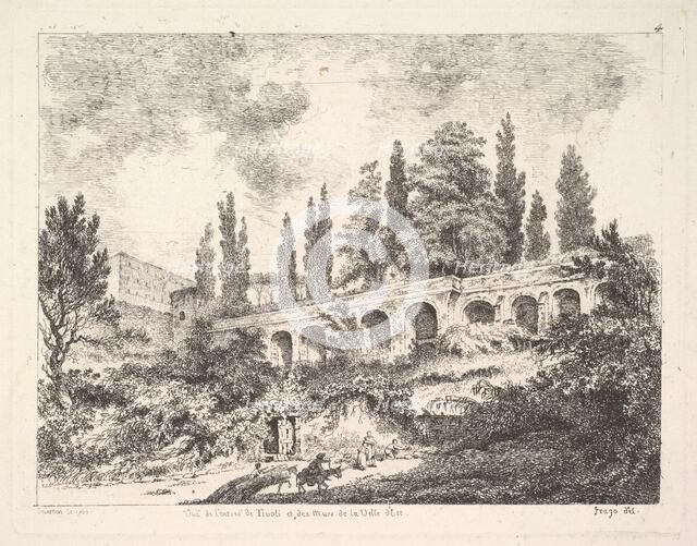View of the entrance to Tivoli and the walls of the Villa d'Este, horsemen approac..., 18th century. Creator: Jean Claude Richard Saint-Non.