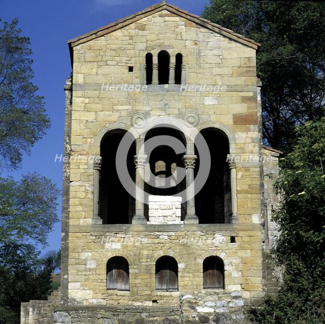 View of the east façade of the church of Santa María del Naranco, originally the house of Ramiro …