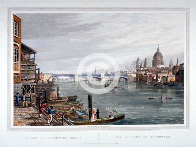 View of the east side of Southwark Bridge, London, 1820.                           Artist: Robert Havell 