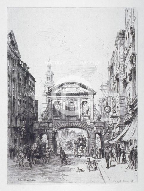 View of the east side of Temple Bar, London, 1877. Artist: Alfred-Louis Brunet-Debaines