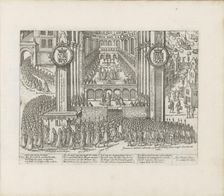 View of the exterior of Westminster Abbey during the coronation of James I, 1603-1604. Creator: Hogenberg, Abraham (after 1578-after 1653)