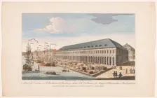 View of the Exchange and the warehouses at Petersburg in Russia, 1755. Creator: Unknown