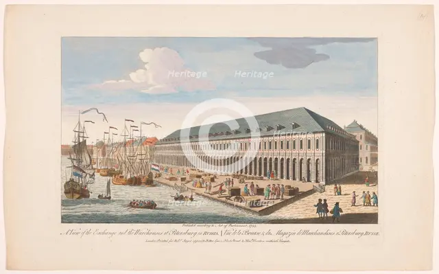 View of the Exchange and the warehouses at Petersburg in Russia, 1755. Creator: Unknown.