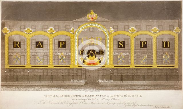 View of the Excise Office, Old Broad Street, City of London, as illuminated in June 1814. Artist: Anon