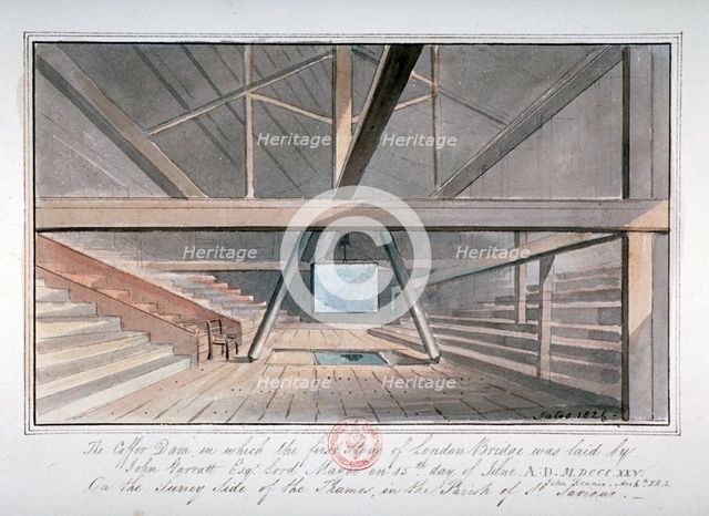 View of the foundation of London Bridge, 1825. Artist: G Yates