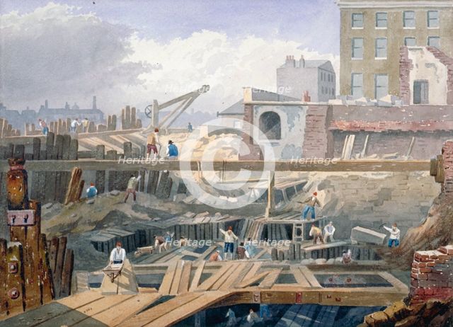 View of the foundations being dug for the first arch of London Bridge, 1825. Artist: Anon