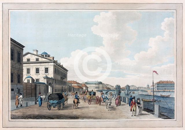 View of the Fontanka Embankment near the Simeon bridge in St. Petersburg.