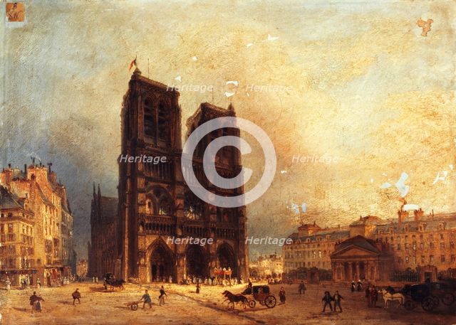 View of the forecourt of Notre-Dame, around 1835. Creator: Domenico Ferri.