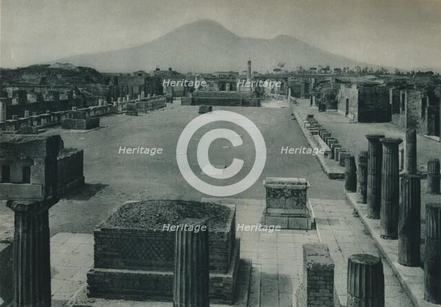 View of the forum with Mount Vesuvius in the distance, Pompeii, Italy, 1927. Creator: Eugen Poppel.