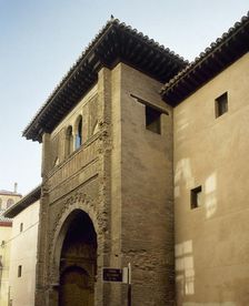 View of the facade with large horseshoe arch, Corral del Carbon, Granada, Andalusia, Spain (2002). Creator: LTL