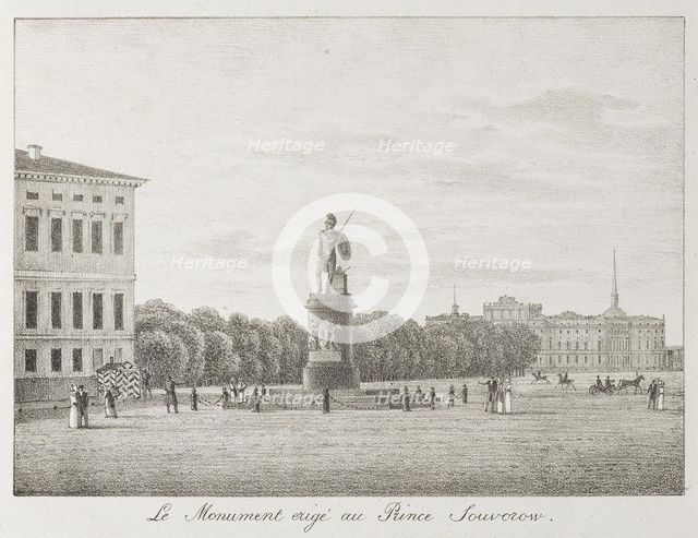 View of the Field of Mars and the Suvorov Monument in Saint Petersburg, 1821-1822. Artist: Martynov, Andrei Yefimovich (1768-1826)