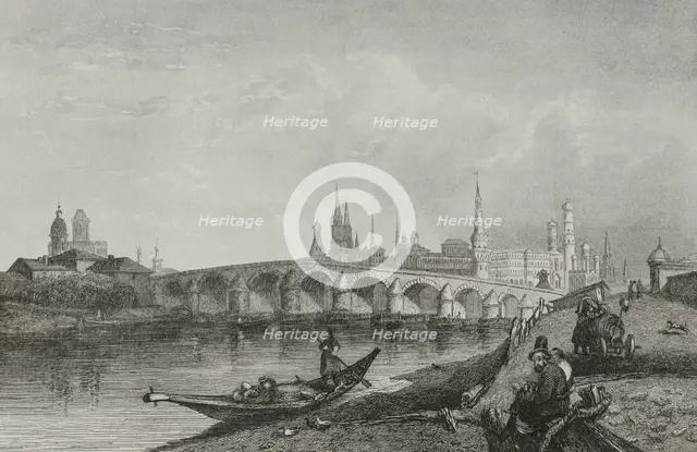 View of the first stone bridge, Moscow, Russia, 1839. Creator: Hippolyte Lalaisse.