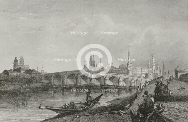 View of the first stone bridge, Moscow, Russia, 1839. Creator: Hippolyte Lalaisse.