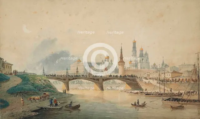 View of the Kremlin and Moskvoretsky bridge from the Moskva River embankment , 1870.
