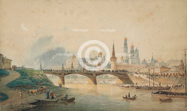 View of the Kremlin and Moskvoretsky bridge from the Moskva River embankment , 1870.