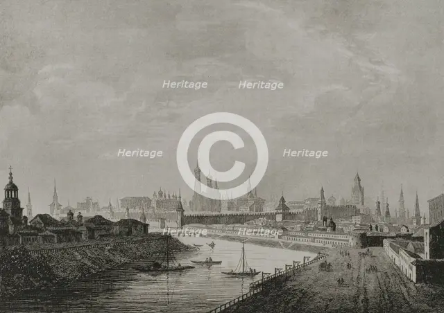 View of the Kremlin and the Moskva river, Moscow, Russia, 1839. Creator: Augustin François Lemaitre.