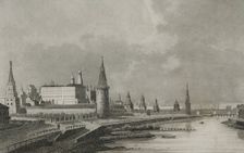 View of the Kremlin from the Stone Bridge, Moscow, Russia, 1839. Creator: Samuel Cholet