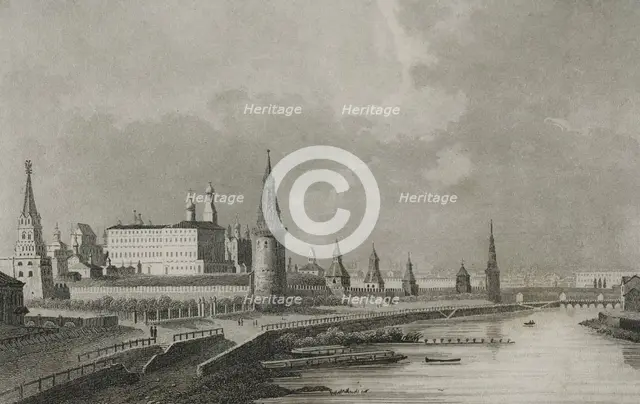 View of the Kremlin from the Stone Bridge, Moscow, Russia, 1839. Creator: Samuel Cholet.