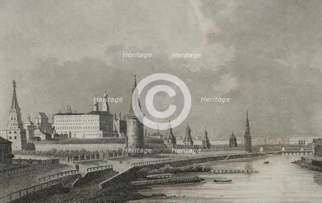 View of the Kremlin from the Stone Bridge, Moscow, Russia, 1839. Creator: Samuel Cholet.