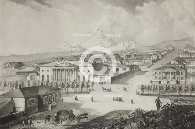 View of the hotel and the center of Pyatigorsk, Mid of the 19th century. Artist: Beggrov, Karl Petrovich (1799-1875)