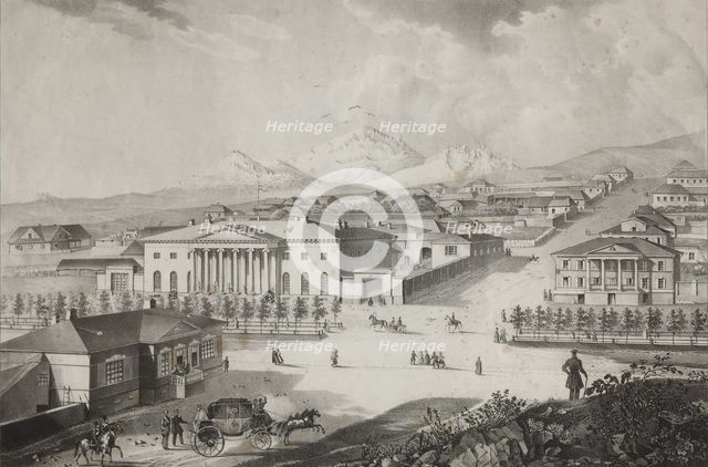 View of the hotel and the center of Pyatigorsk, Mid of the 19th century. Artist: Beggrov, Karl Petrovich (1799-1875)