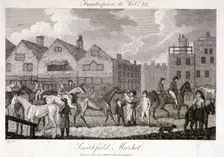 View of the horse fair at Smithfield Market, London, 1802. Artist: Charles Pye