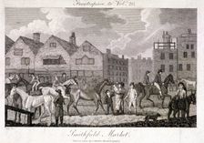 View of the horse fair at Smithfield Market, London, 1802. Artist: Charles Pye