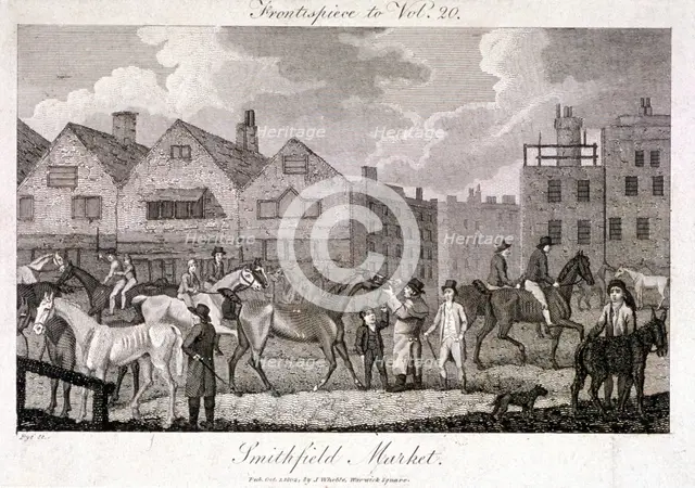 View of the horse fair at Smithfield Market, London, 1802. Artist: Charles Pye