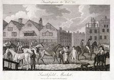 View of the horse fair at Smithfield Market, London, 1802. Artist: Charles Pye