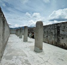 View of the hall of columns of the ruins of Mitla