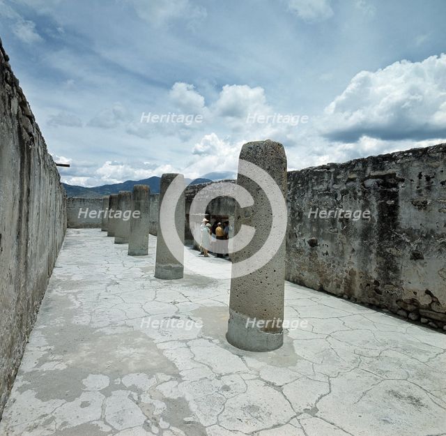 View of the hall of columns of the ruins of Mitla.