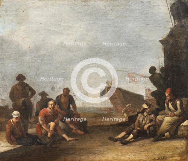 View of the Harbour of Livorno, with Figures, a Ship and the Statue of Ferdinand I..., after 1644. Creator: Johannes Lingelbach.