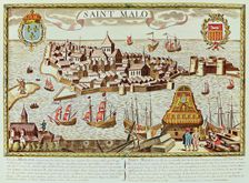 View of the harbor and the fortified city of Saint Malo, located on the coast of Brittany