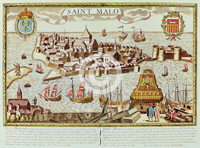 View of the harbor and the fortified city of Saint Malo, located on the coast of Brittany.