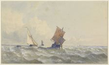 View of the high seas, on which there are three sailing ships, 1852. Creator: Henri le Hon