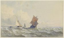 View of the high seas, on which there are three sailing ships, 1852. Creator: Henri le Hon