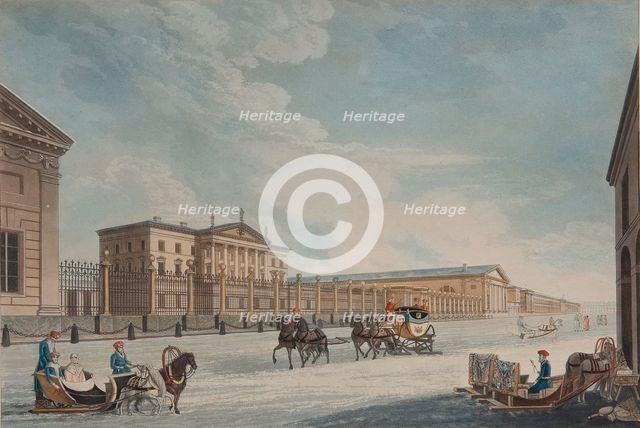 View of the Imperial Bank and the Shops at St. Petersburg, 1815. Artist: Dubourg, Matthew (active 1786-1838)