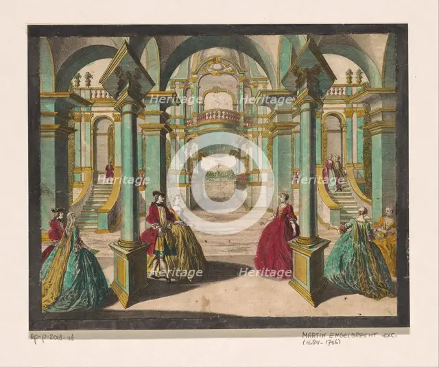 View of the interior of a palace, with several richly dressed ladies and gentlemen, 1684-1756. Creator: Martin Engelbrecht.