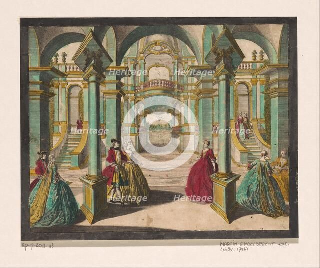 View of the interior of a palace, with several richly dressed ladies and gentlemen, 1684-1756. Creator: Martin Engelbrecht.