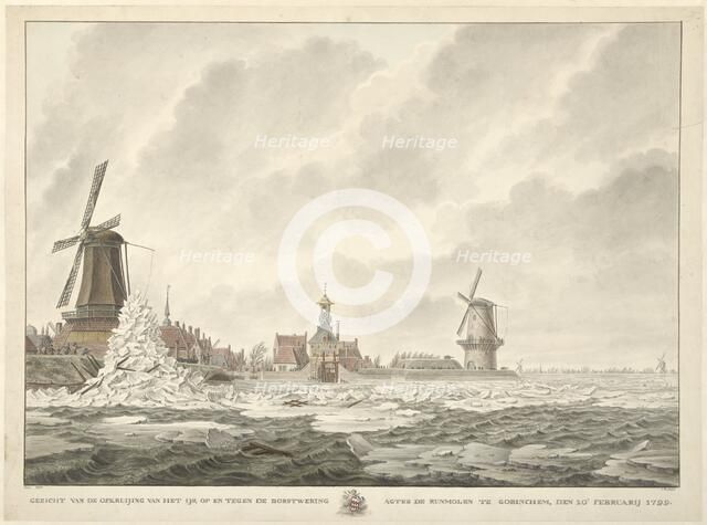 View of the ice, piling up on and against the parapet behind the Runmolen...1799, (1807).  Creator: Cornelis de Jonker.