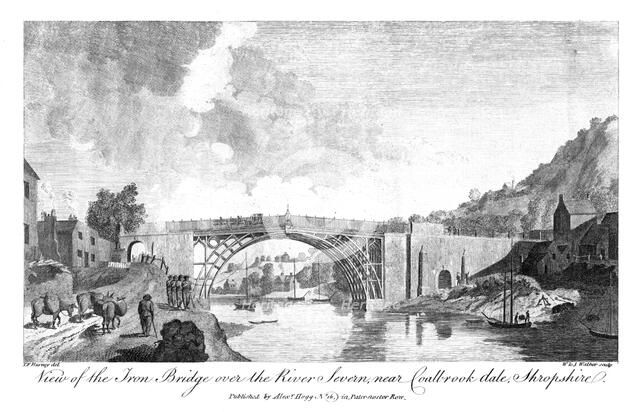View of the iron bridge over the river Severn, Coalbrookdale, Shropshire, 19th century.Artist: W & J Walker