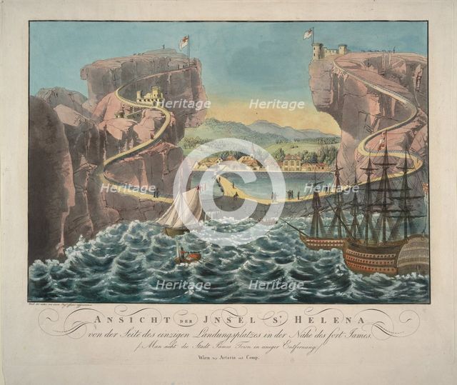 View of the Island of St. Helena from the side of the landing place near the Fort James, 1815. Artist: Anonymous  