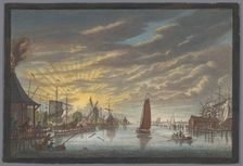 View of the old marina in Amsterdam, seen towards the Bolwerk Leeuwenburg or Blauwhoofd, 1753-1799. Creator: Simon Fokke