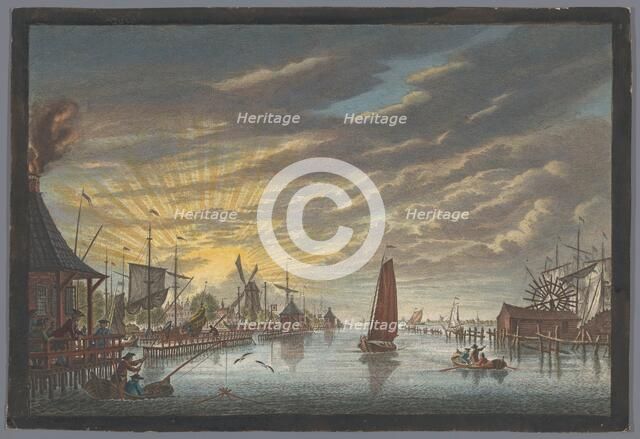 View of the old marina in Amsterdam, seen towards the Bolwerk Leeuwenburg or Blauwhoofd, 1753-1799. Creator: Simon Fokke.