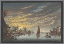 View of the old marina in Amsterdam, seen towards the Bolwerk Leeuwenburg or Blauwhoofd, 1753-1799. Creator: Simon Fokke