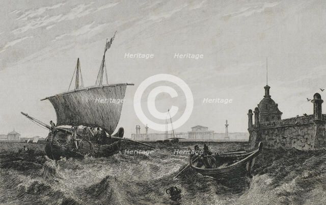 View of the old Stock Exchange building and glimpse of Peter and Paul Fortress..., 1839. Creator: Augustin François Lemaitre.