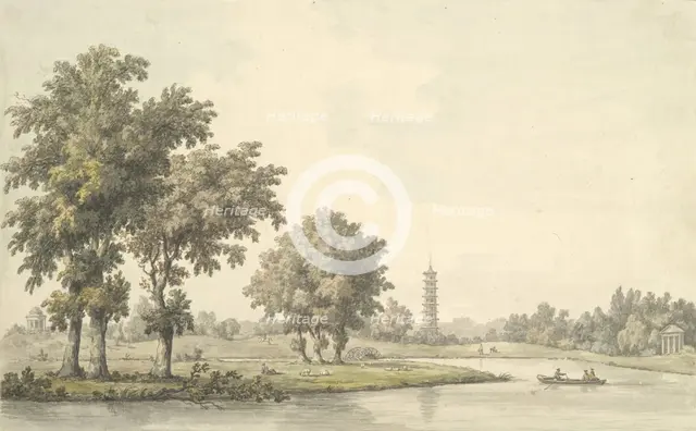 View of the Lake and the Island from the Lawn at Kew, 1763. Creator: William Marlow.