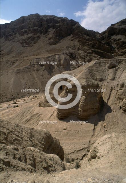 View of the mountains of Qumran in the Judean desert valley, the caves where ancient Hebrew texts…