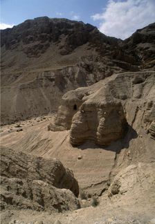 View of the mountains of Qumran in the Judean desert valley, the caves where ancient Hebrew texts…